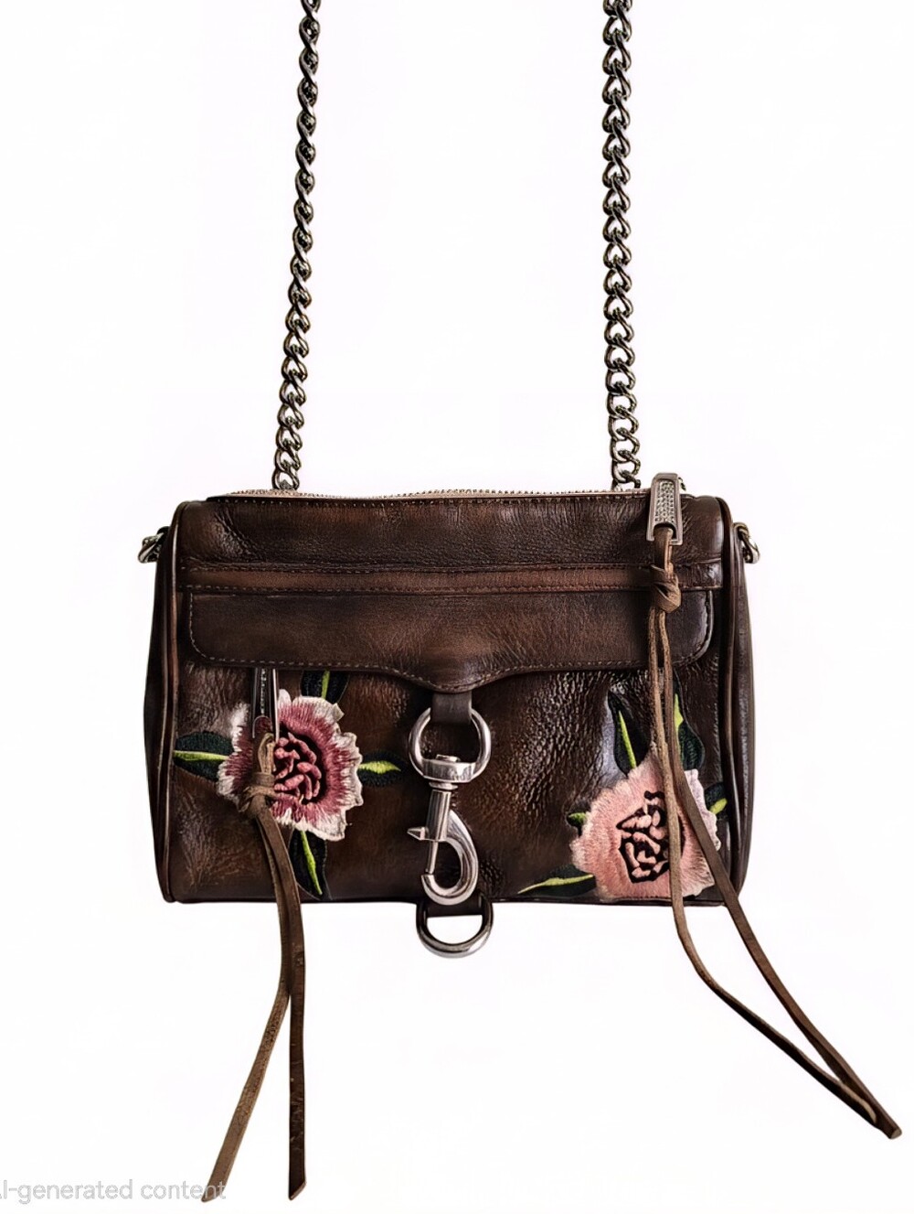 Women's Brown Leather Crossbody Bag with Pink Floral Embroidery